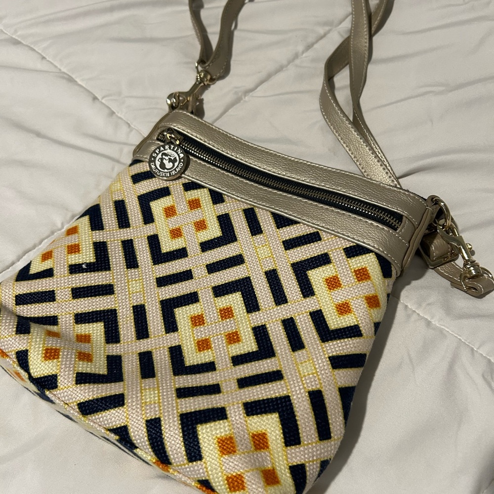 Spartina 449 Geometric Cream and Black Crossbody canvas leather